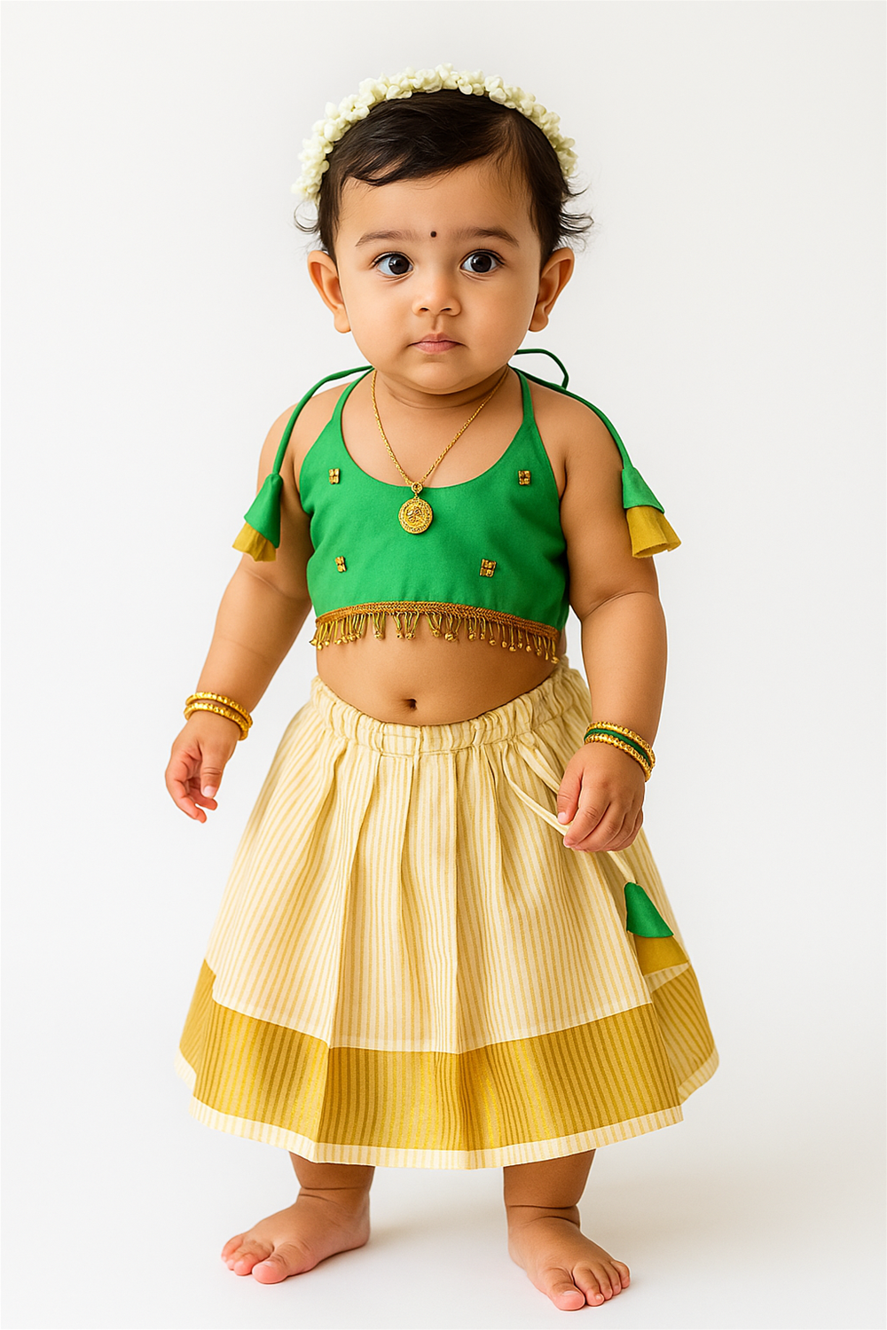A baby girl poses calmly in a green halter top with golden tassels and a cream skirt with gold border. She wears jasmine garland on her hair, a necklace, and golden bangles, standing barefoot.
