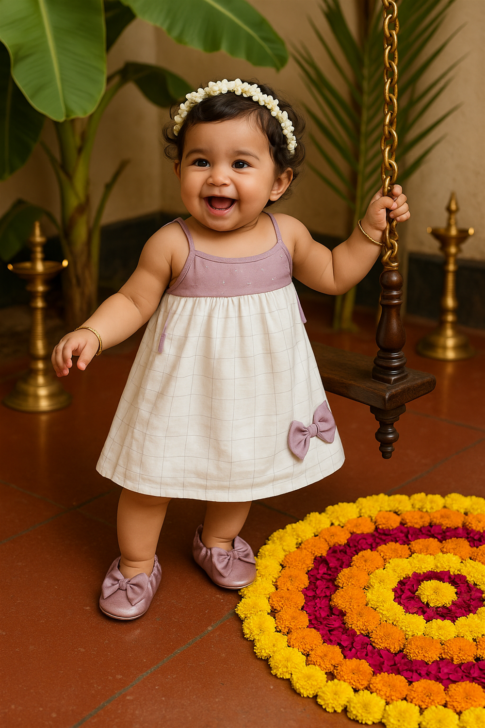 A smiling baby stands on a festive floor decorated with marigold and rose flower rangoli, wearing the mauve and cream dress paired with matching mauve bow shoes. The joyful moment is captured with banana leaves, a brass lamp, and a wooden swing in the background.
