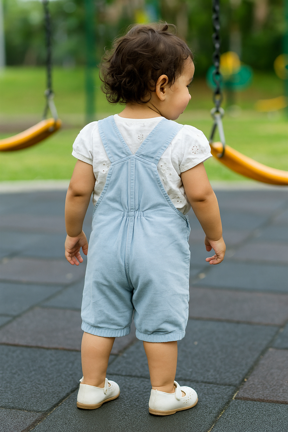 A toddler stands facing away in a playground, wearing light blue overalls with a white short-sleeve top. White shoes complete the outfit, and a swing set is visible in the blurred background.