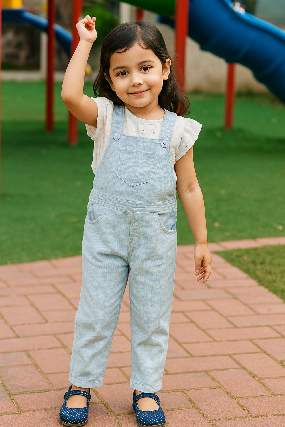 A light blue corduroy dungaree with front pockets and a chest pocket, paired with a white short-sleeve top featuring delicate embroidery, displayed neatly on a wooden hanger against a plain wall. The outfit is designed for young children, combining casual comfort with a charming, classic style.