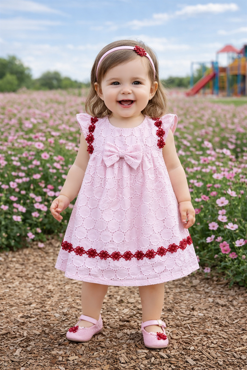 Smiling baby girl wearing a pink embroidered dress with red floral details, standing in a blooming flower field outdoors.