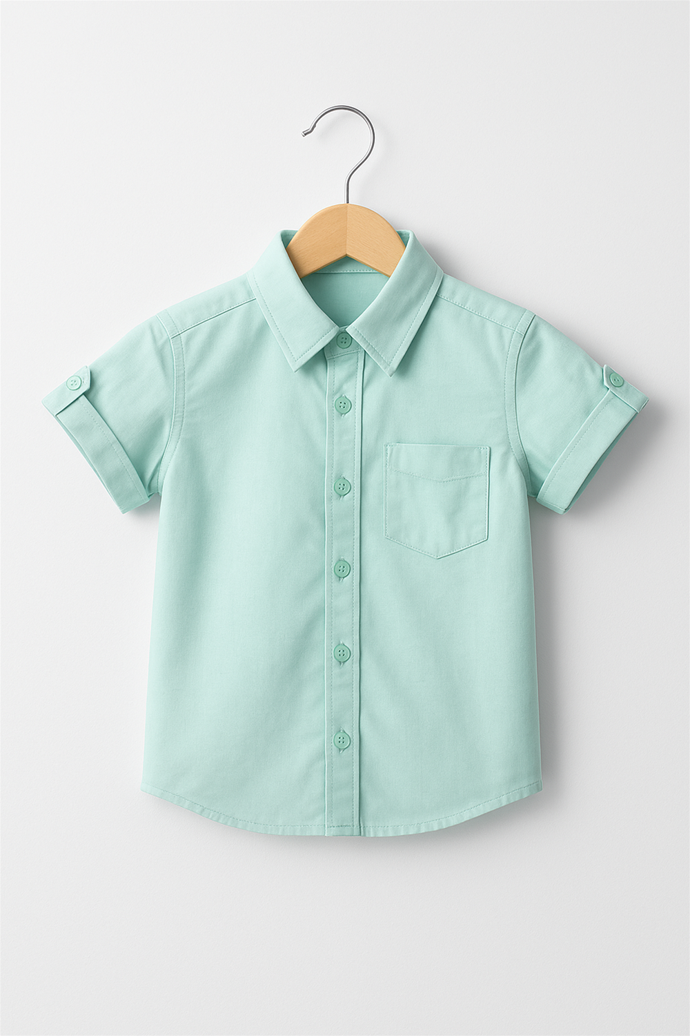 Mint green half sleeves boys' shirt with a Chinese collar and roll-up button tabs, neatly displayed on a wooden hanger. The shirt features a front chest pocket and button-down closure, perfect for casual occasions.