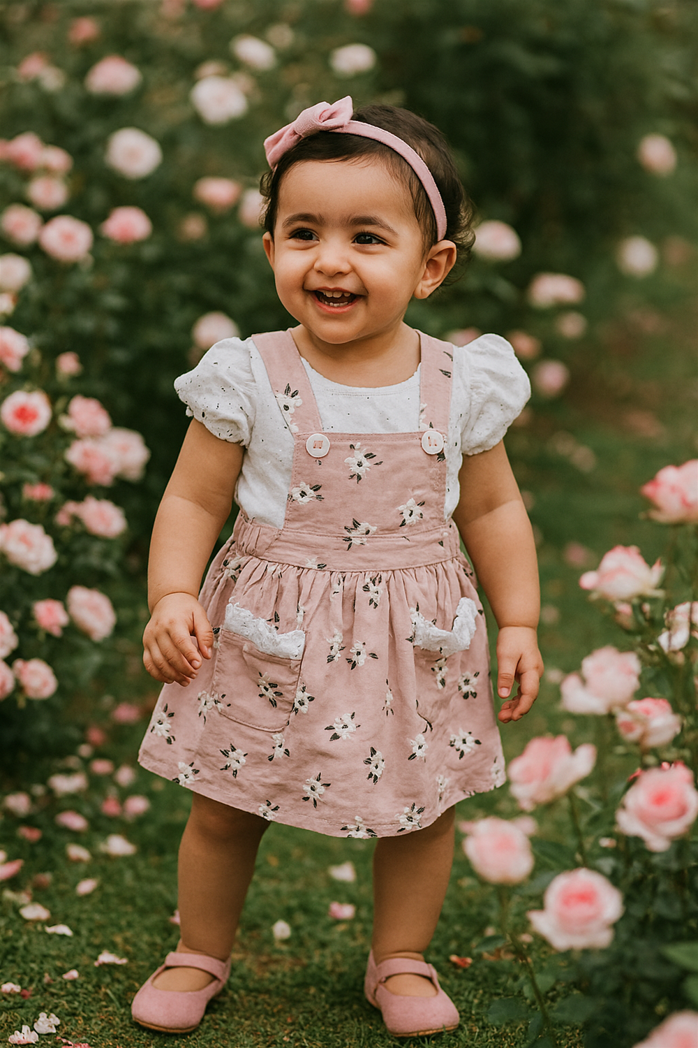 A baby girl in a pink dress stands in front of blooming roses, smiling and enjoying the vibrant garden setting.