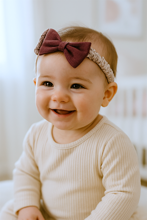 Smiling baby wearing beige ribbed outfit with matching floral elastic headband and burgundy corduroy bow, sitting in softly lit nursery.