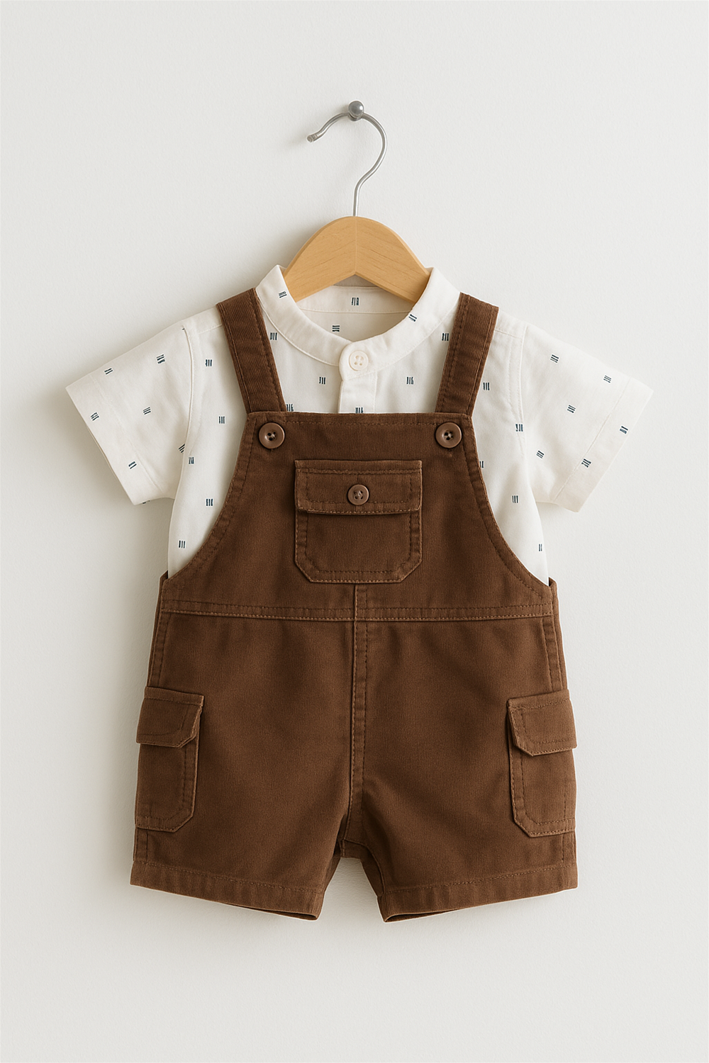 Baby boy's brown corduroy dungaree  paired with a light-colored shirt, perfect for a playful and stylish look.