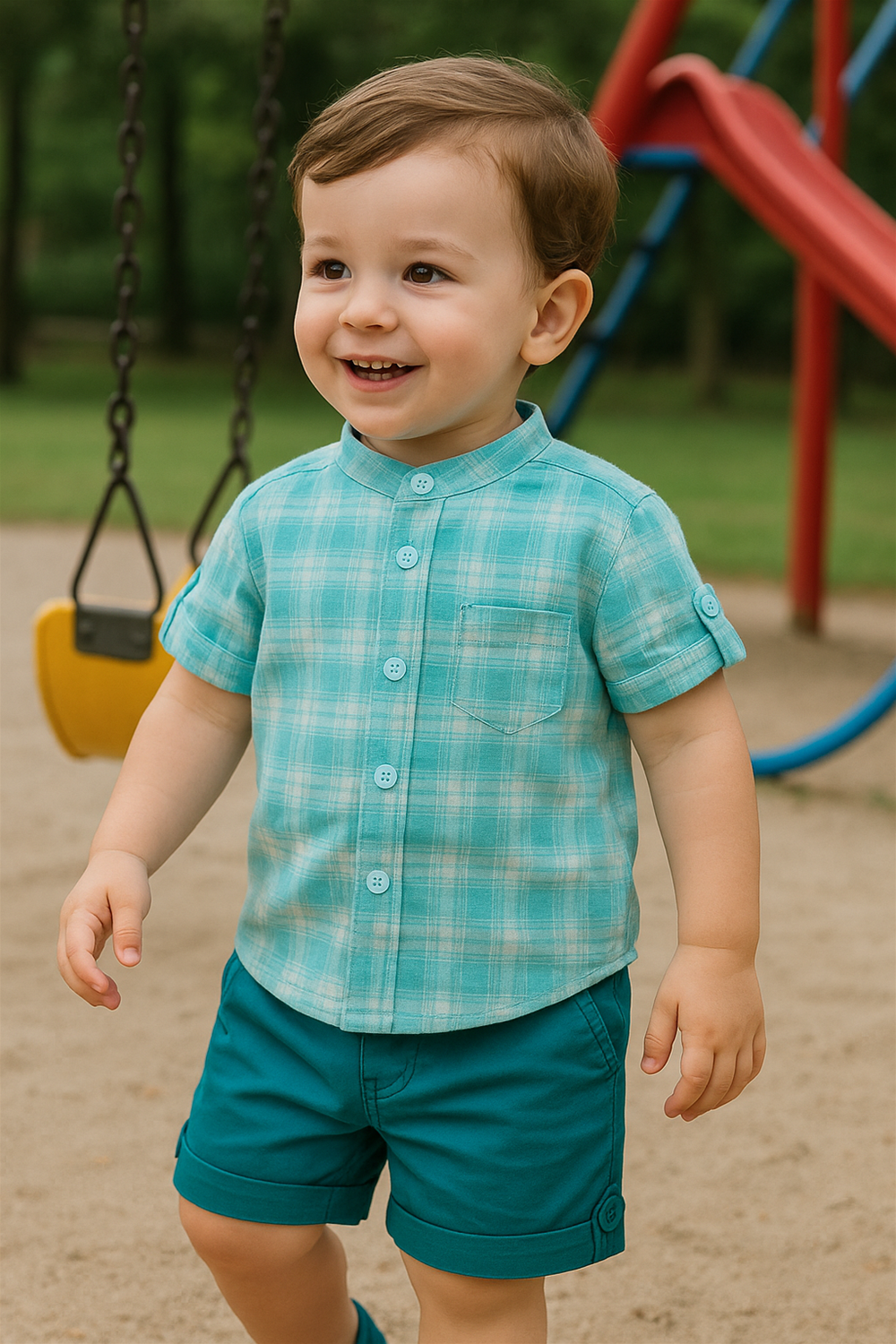 Toddler wearing aqua plaid shirt and teal shorts, standing outdoors in playground, looking ahead with calm expression.