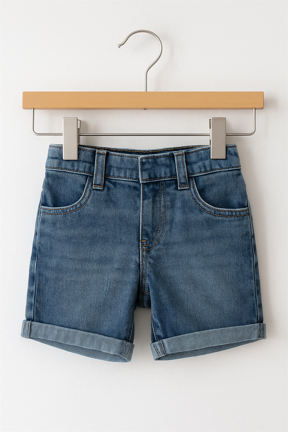 Front view of kids’ denim shorts on hanger, with belt loops, front pockets, rolled cuffs, and classic faded wash finish.