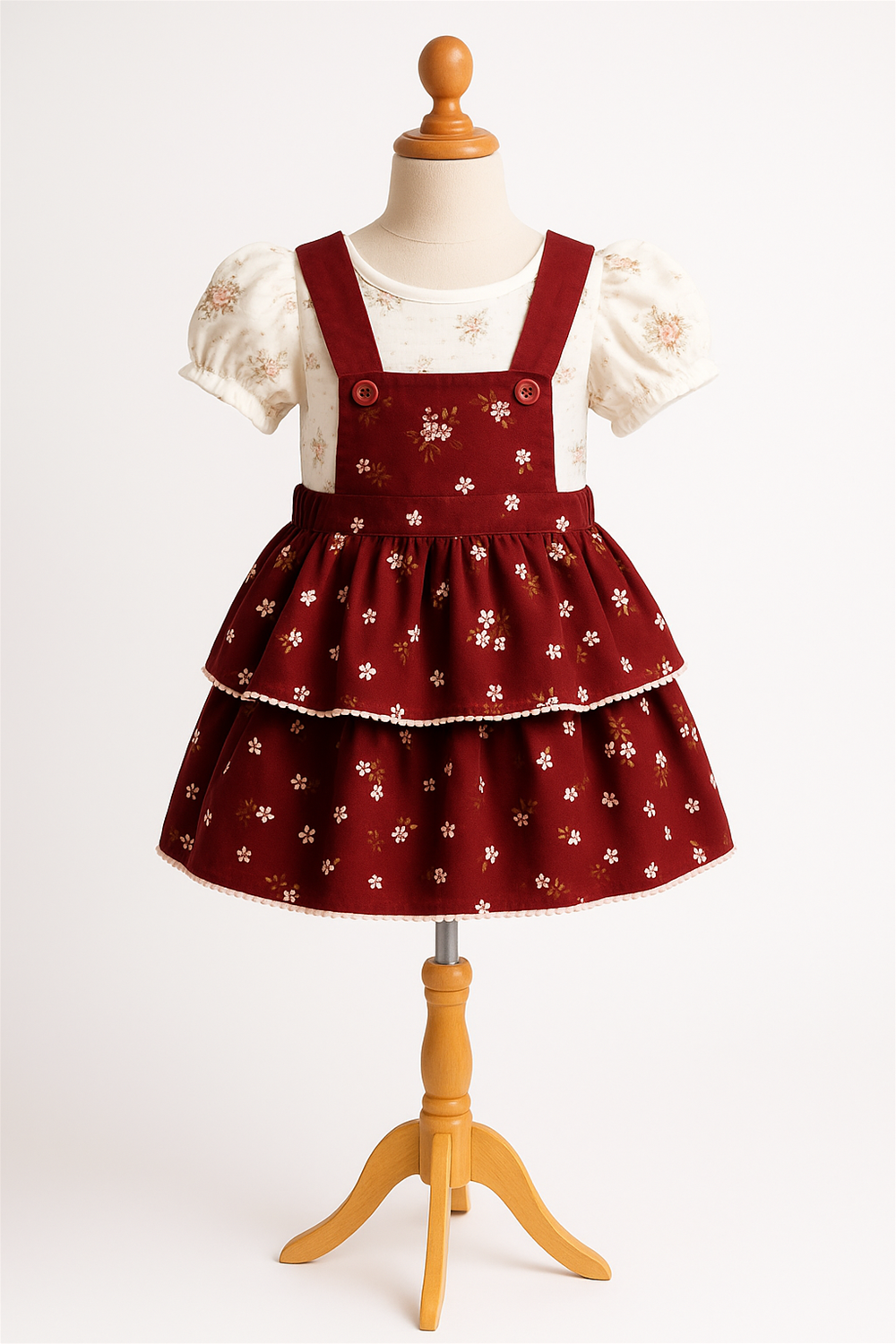 A baby girl's dress featuring a colorful floral print on a soft fabric background.