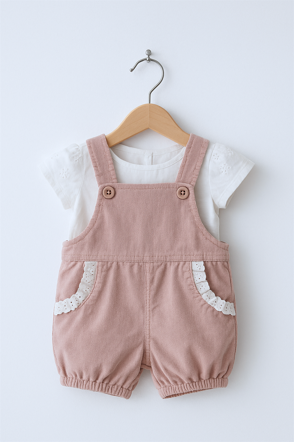 A pastel pink corduroy toddler romper with white eyelet lace trim on the pockets, layered over a short-sleeved white embroidered blouse, displayed neatly on a wooden hanger against a plain white background.