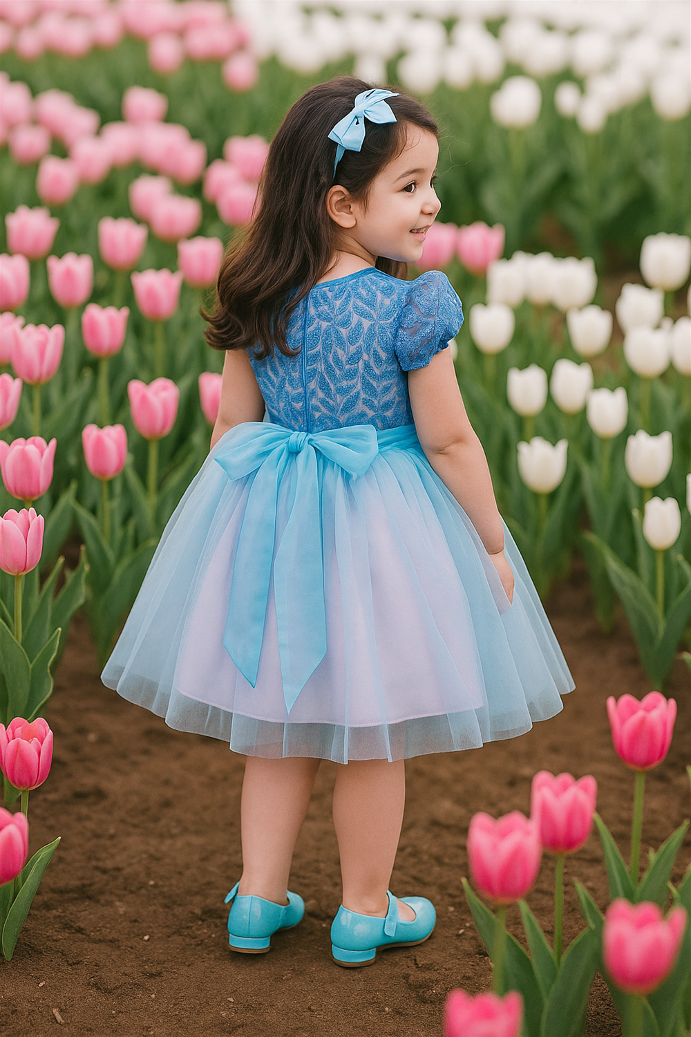 Little girl in a blue frock with back bow, standing among tulips, showing the dress’s lace details and soft tulle layers.