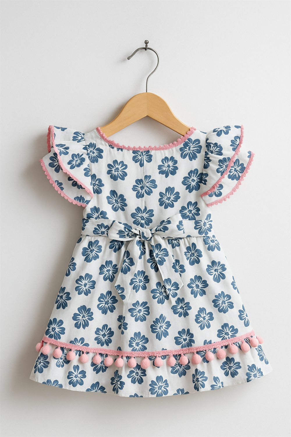 A white floral baby dress with navy blue prints is neatly displayed on a wooden hanger against a white background. The dress features flutter sleeves trimmed with pink lace, a back tie bow, and a hemline decorated with pink pom-pom lace.