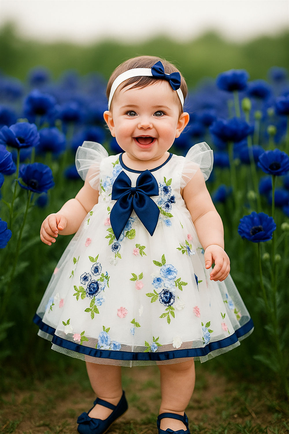 A smiling baby stands in a vibrant field of blue flowers, wearing a white dress adorned with blue and pink floral embroidery and a large navy bow. She is accessorized with a white headband featuring a matching navy bow and navy shoes, creating a coordinated and cheerful look.