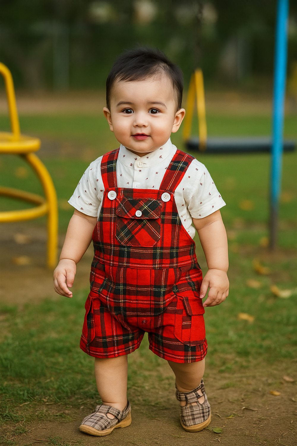 A baby in red plaid dungaree and a white Chinese collar shirt smiles, sitting against a soft, neutral background.