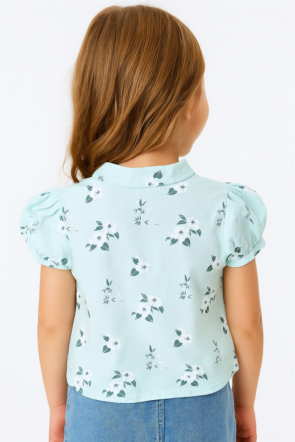 Little girl wearing mint green floral Chinese collar top, puff sleeves, seen from back view, paired with light blue denim.