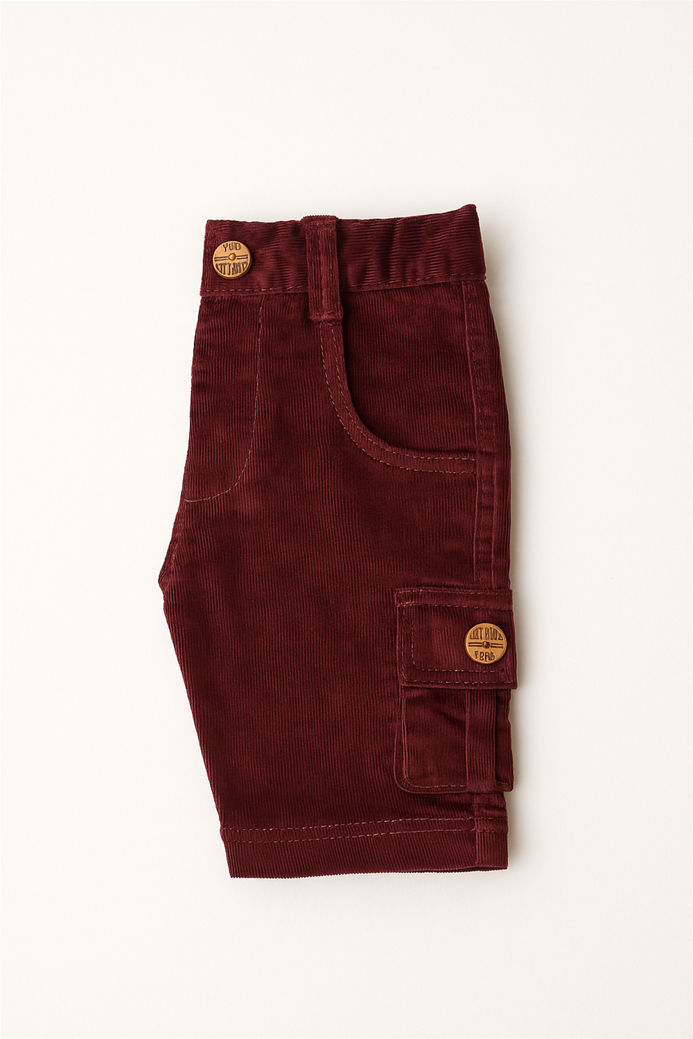 Bright Maroon Corduroy with box side pockets and buttons., Ideal for casual wear. In Side Folding view.