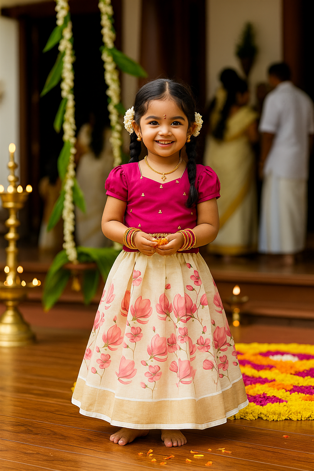 A happy girl wearing pink blouse and floral printed skirt stands barefoot with flower petals, celebrating Onam festival in traditional style.