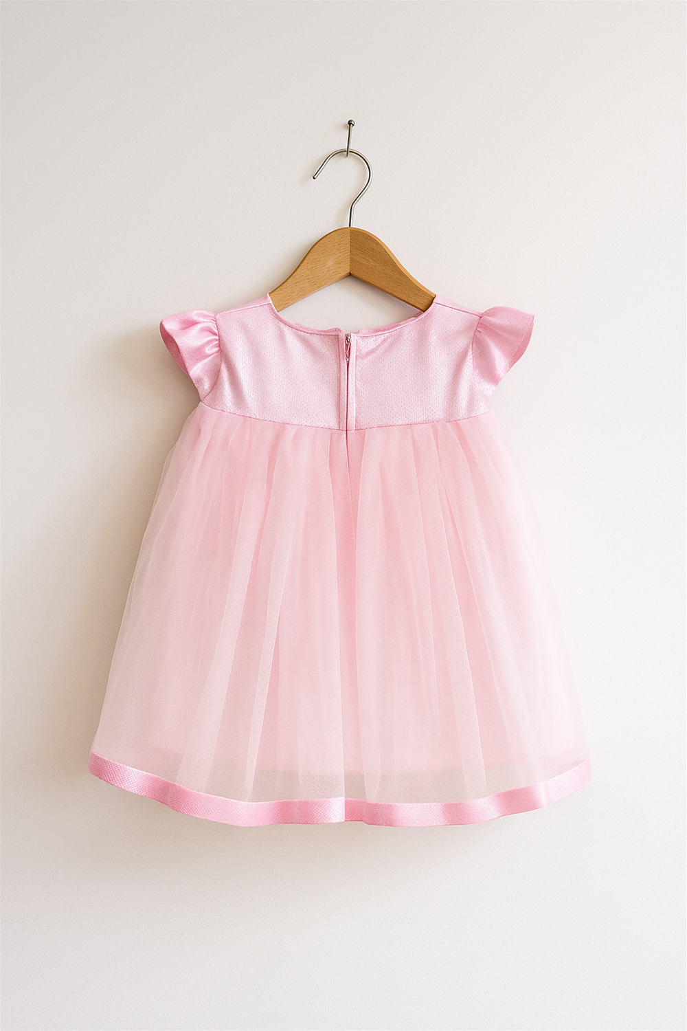 A delicate pink dress with cap sleeves and a tulle skirt, hanging on a wooden hanger against a plain background.