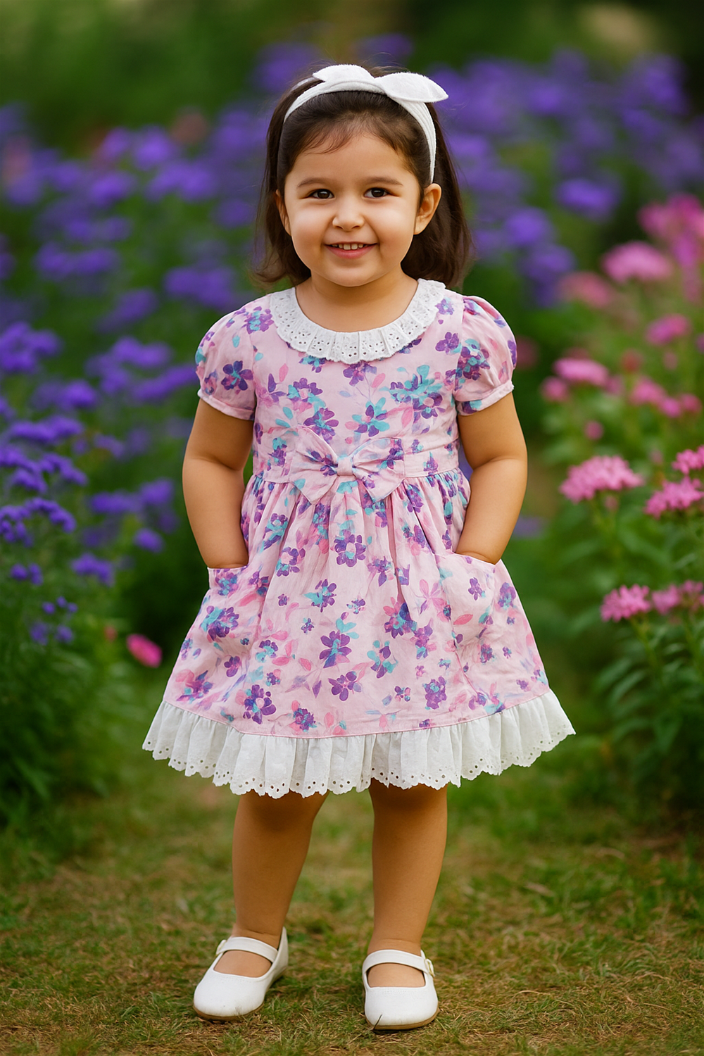 Smiling little girl in pink floral frock with lace collar and bow, standing happily in a vibrant blooming flower garden.