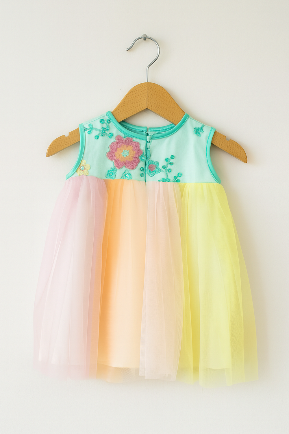 A sea green baby girl's dress featuring a colorful tulle skirt, floral accents, and a zip back with an alter neck design.
