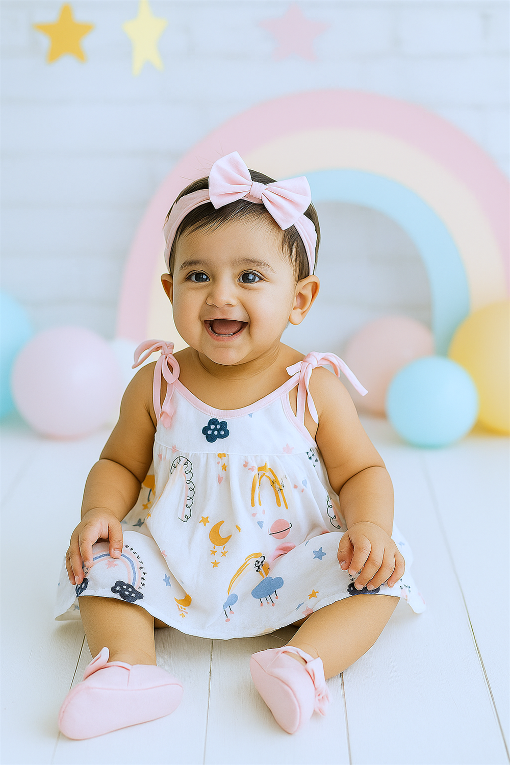 A smiling baby girl sits happily in a pastel-themed setup wearing a white sleeveless dress adorned with whimsical illustrations and soft pink shoes. Her look is completed with a matching pink bow headband, surrounded by colorful balloons and a rainbow backdrop.