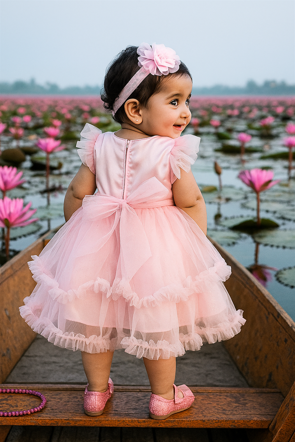 A Baby girl in a pink birthday dress with matching hair band stands in a boat surrounded by water lotus Back side view. Have a back belt.