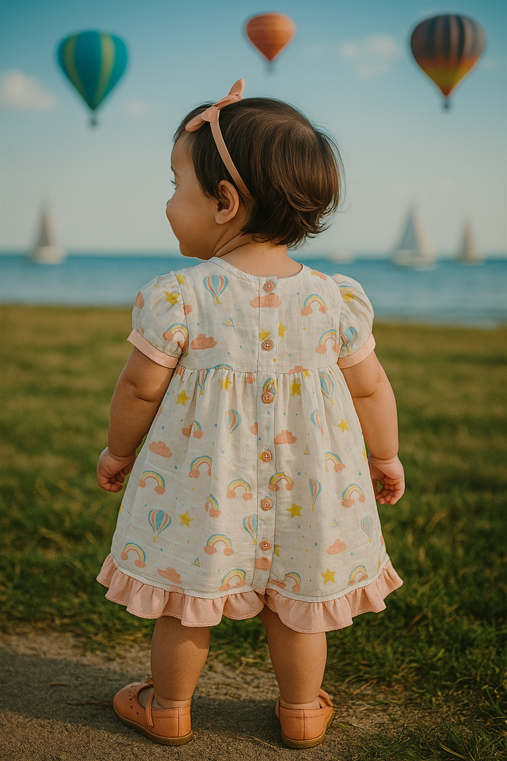 Happy baby wearing beige floral dress with lace collar and buttoned back, standing in garden surrounded by colorful pansy flowers.