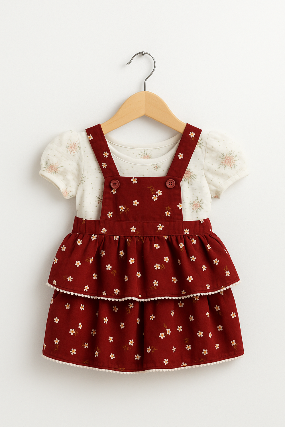 A baby girl's dress featuring a colorful floral print on a soft fabric background.