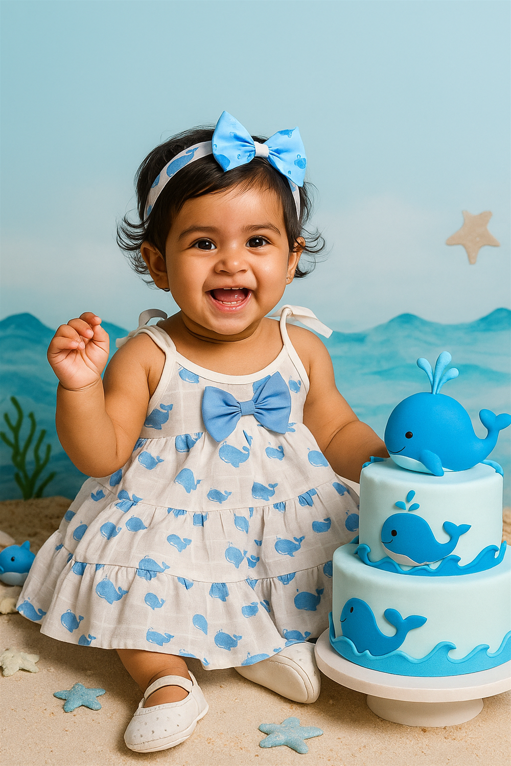 A cheerful baby girl dressed in a white frock with blue whale prints and a matching bow headband smiles beside a themed birthday cake. The ocean-inspired setup with sea stars and whales enhances the playful, celebratory mood.