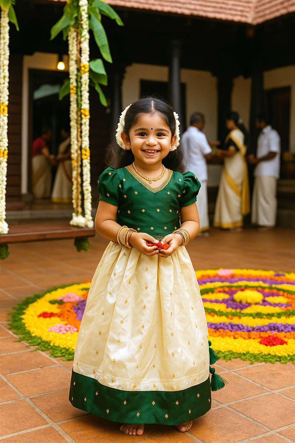 Happy girl wearing traditional green blouse and cream skirt with jewelry, standing in front of decorated courtyard celebrating festive Onam moments.