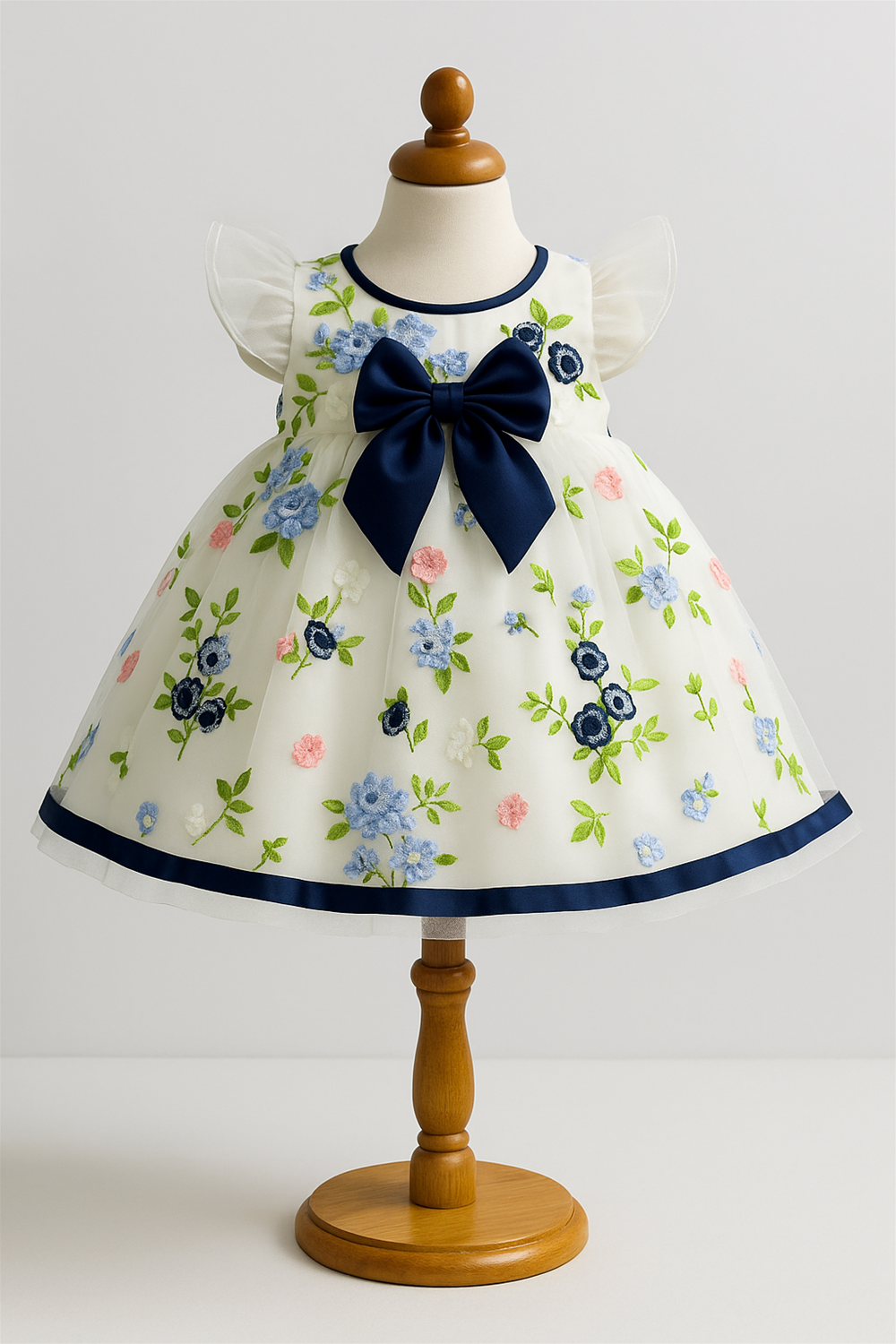 A baby dress is displayed on a wooden mannequin, featuring a white fabric adorned with colorful embroidered flowers in shades of blue, pink, and green. The dress has flutter sleeves, a navy blue neckline, a wide navy satin bow at the front, and a matching navy hemline for an elegant finish.