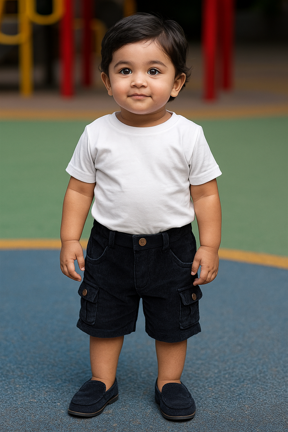 Black half pants with box side pockets and buttons., Ideal for casual wear.