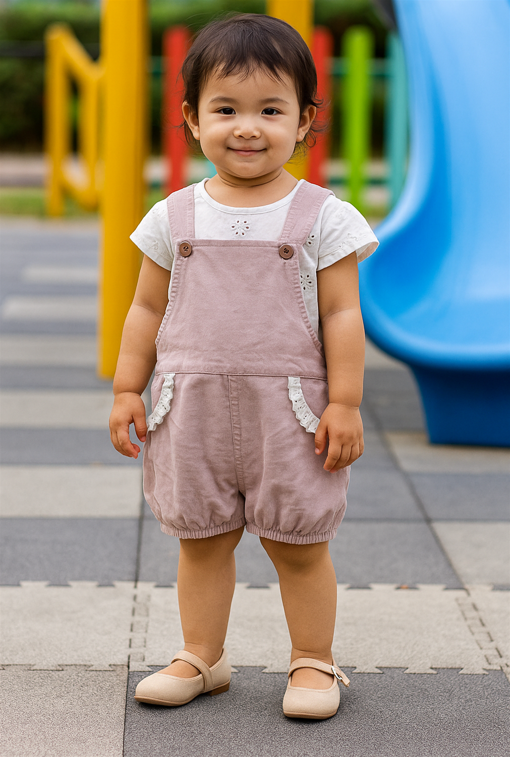 A smiling toddler girl stands in a playground, wearing a light pink dungaree romper over a white short-sleeve top with lace-trimmed pockets. She is wearing beige shoes and standing on grey interlocking floor tiles, with a blue slide and colorful play structures in the background.