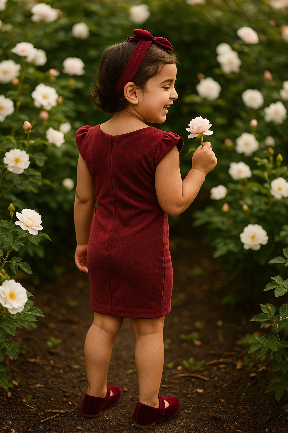 A young girl in a maroon dress adorned with a gold bow stands happily, showcasing her playful spirit. back view.