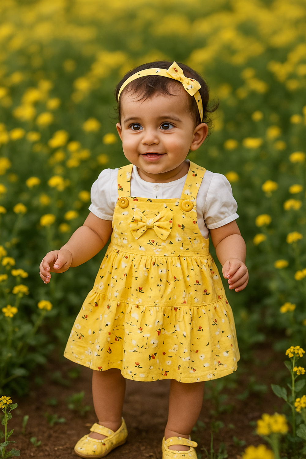 A cheerful baby girl in a yellow floral dungaree dress with a front bow, white puff-sleeve top, matching headband, and shoes. She stands smiling in a vibrant yellow flower field, radiating joy and innocence.