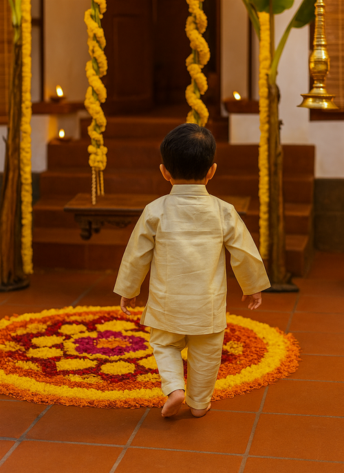 A young boy in a cream-colored traditional kurta and pajama walks barefoot towards a decorated swing. A vibrant floral rangoli and marigold garlands enhance the festive ambiance.