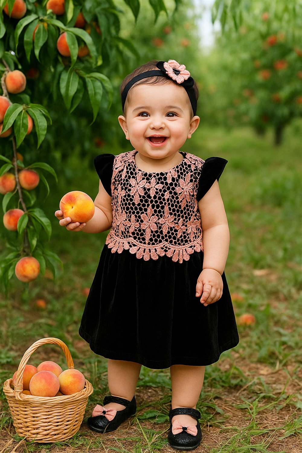 A baby girl wearing a Peach cut work with black velvet, smiling and standing in a Peach garden.