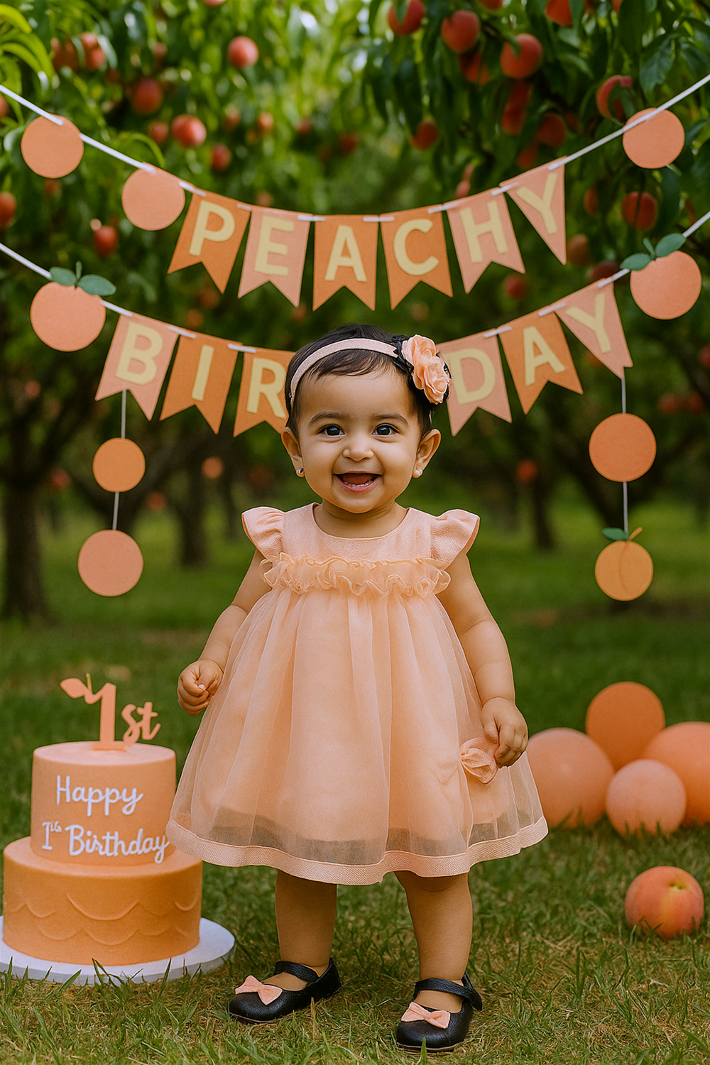 A Baby girl in an Peach dress sits beside a beautifully decorated birthday cake and balloons, celebrating their first birthday.