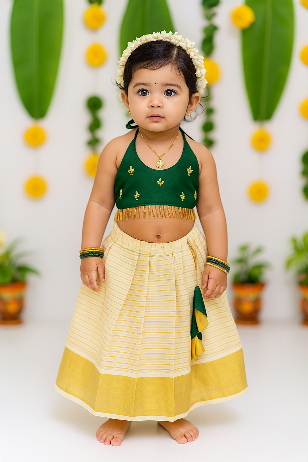 A toddler faces forward in a green halter top with golden details and a cream-yellow skirt, accessorized with bangles, anklets, and jasmine flowers in her hair.