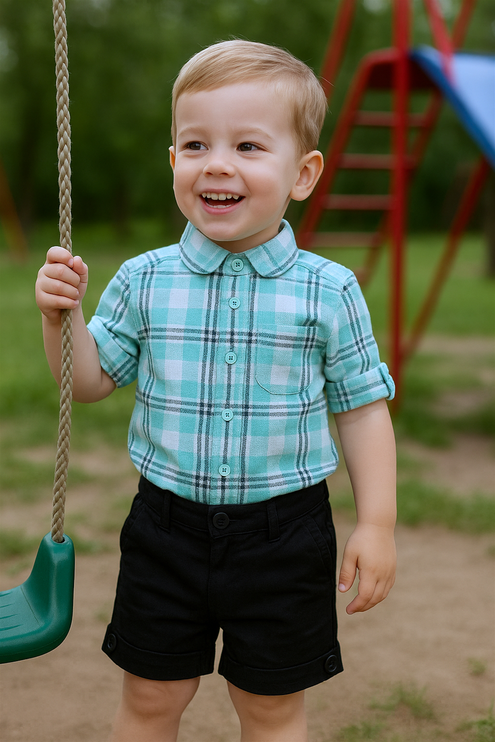 Happy toddler boy standing near swing, dressed in teal plaid shirt and black shorts, enjoying outdoor playground setting.
