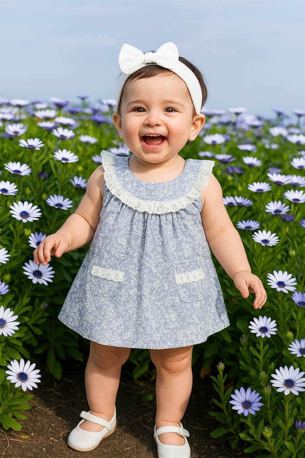 Happy baby in blue floral dress with lace-trimmed collar, standing in daisy field under bright blue sky, smiling joyfully.