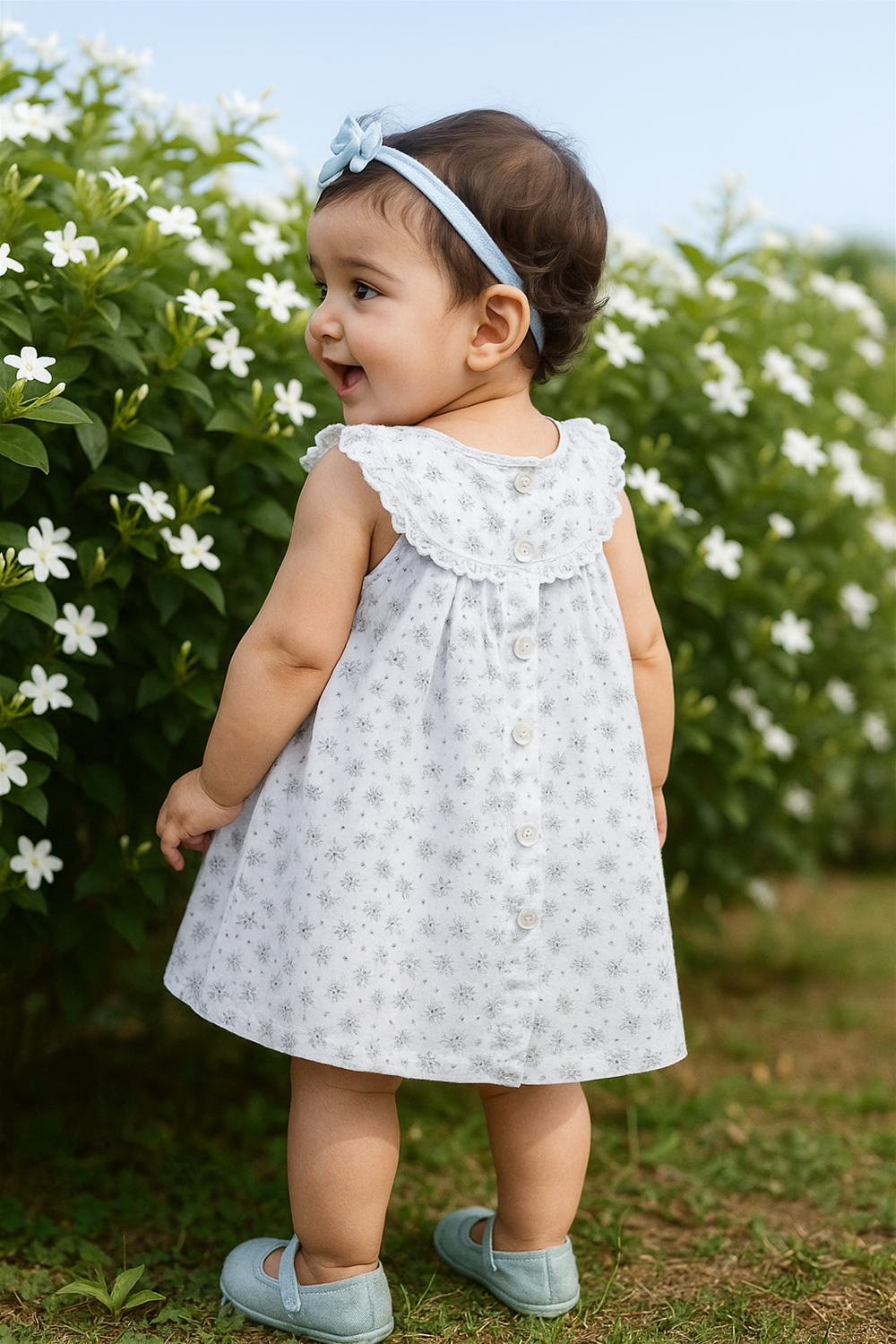 Smiling baby girl in white embroidered frock with lace collar and buttons, standing near jasmine flowers, wearing blue shoes.