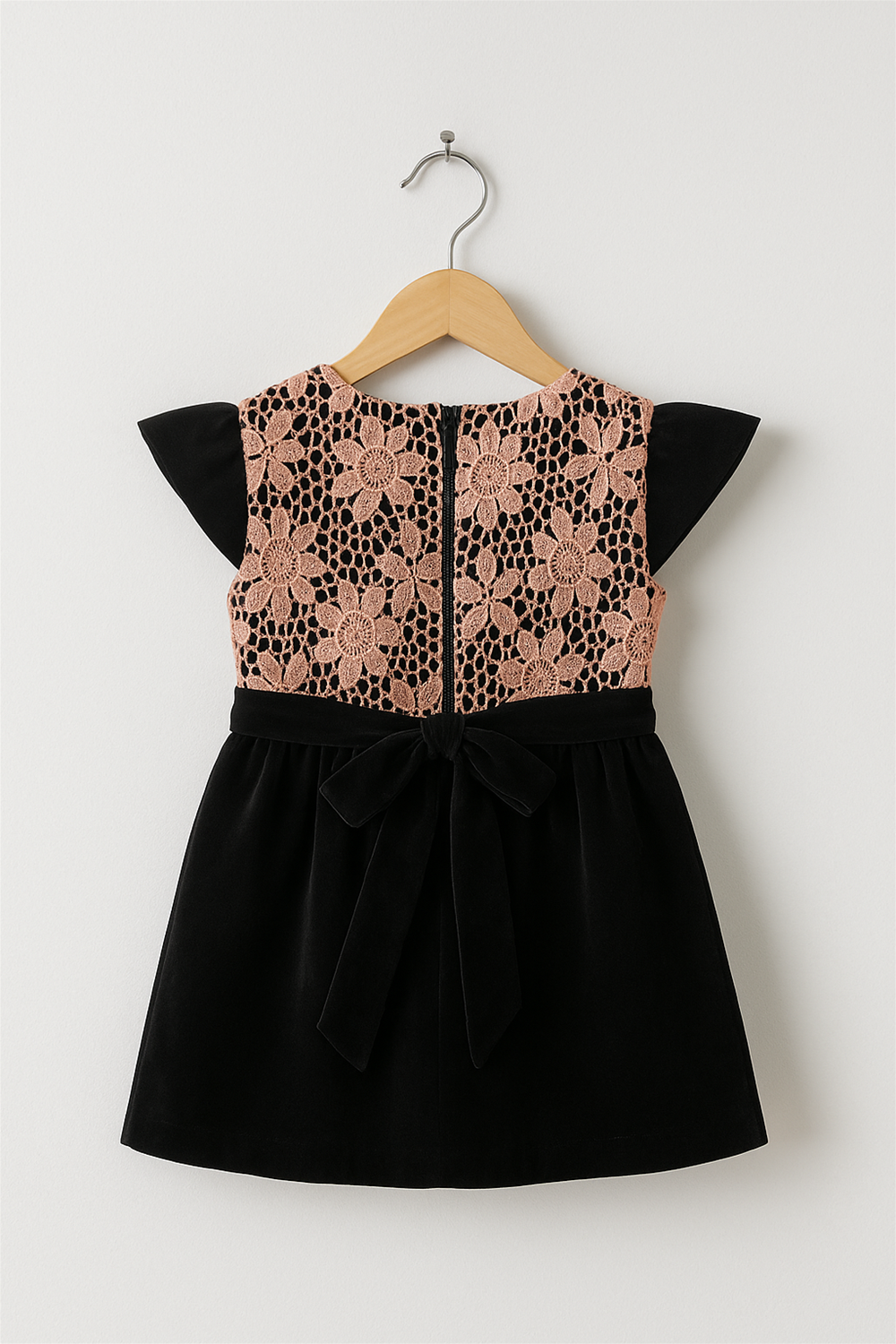  A Peach cut work with black velvet party wear frock in wooden hanger back view.