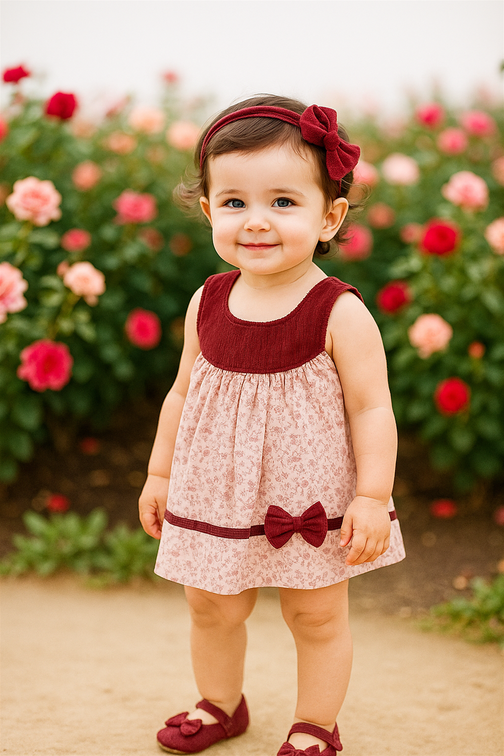 Smiling toddler girl wearing maroon floral dress with bow and headband, posing in rose garden with vibrant flowers.