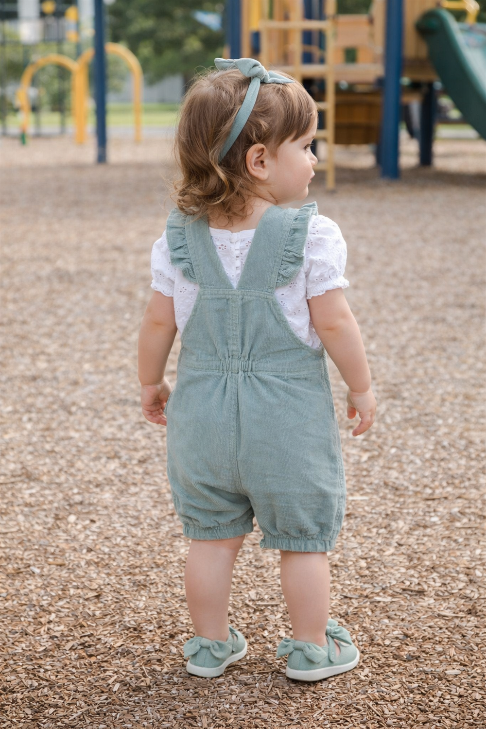 Back view of toddler wearing olive green dungaree and white top, standing at playground, showing elastic waist and straps.