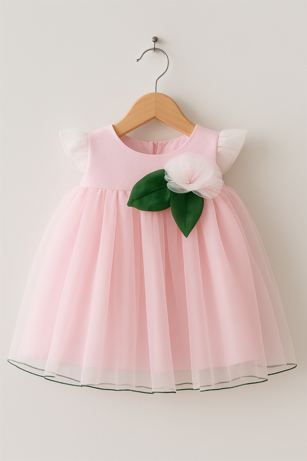 A white baby frock with flutter sleeves, delicate tulle layers, and a pink flower with green leaves, hanging on a wooden hanger.