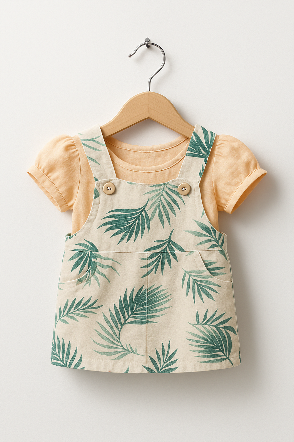 Tropical-themed baby girl outfit featuring a beige A-line pinafore with green palm leaf prints and wooden buttons. Layered over a puff-sleeve peach top, the dress is neatly displayed on a wooden hanger against a white backdrop.