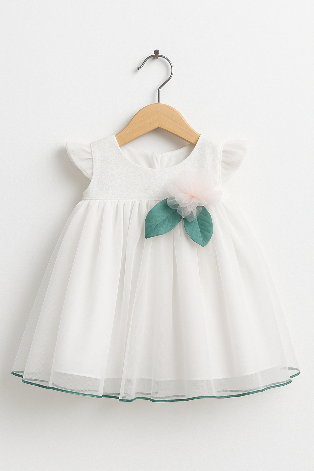 A white baby frock with flutter sleeves, delicate tulle layers, and a pink flower with green leaves, hanging on a wooden hanger.