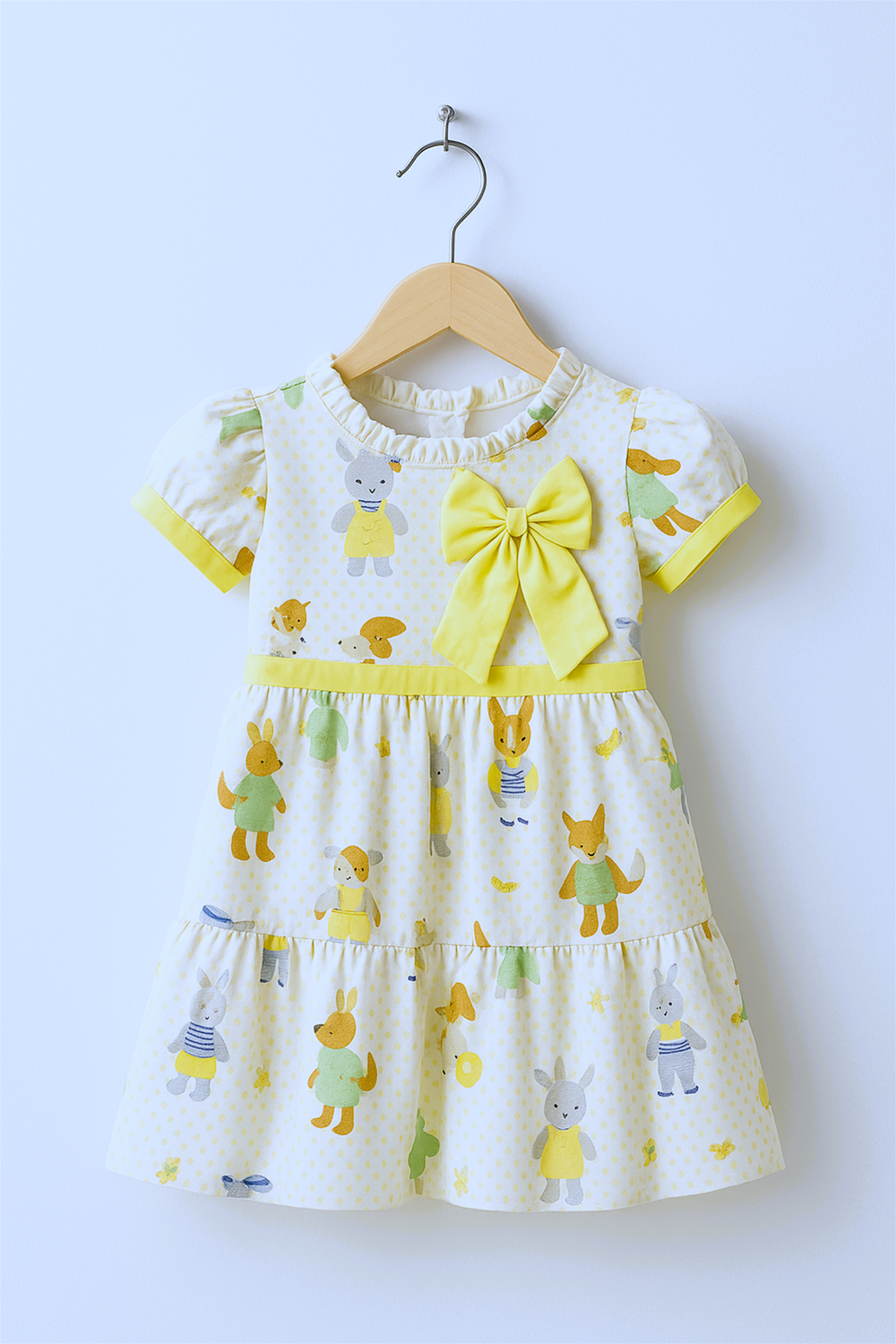 A baby girl in a colorful dress and shoes stands before a lion, embodying a sense of wonder and exploration.