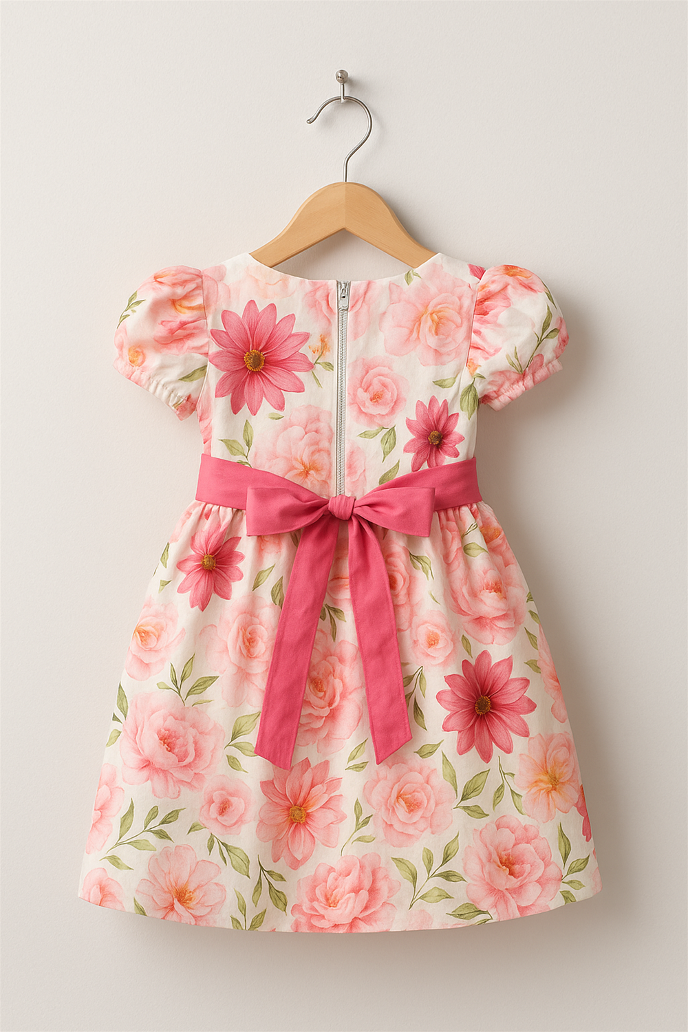  A baby girl's dress featuring a floral pattern with pink flowers on a light background. Back side image.