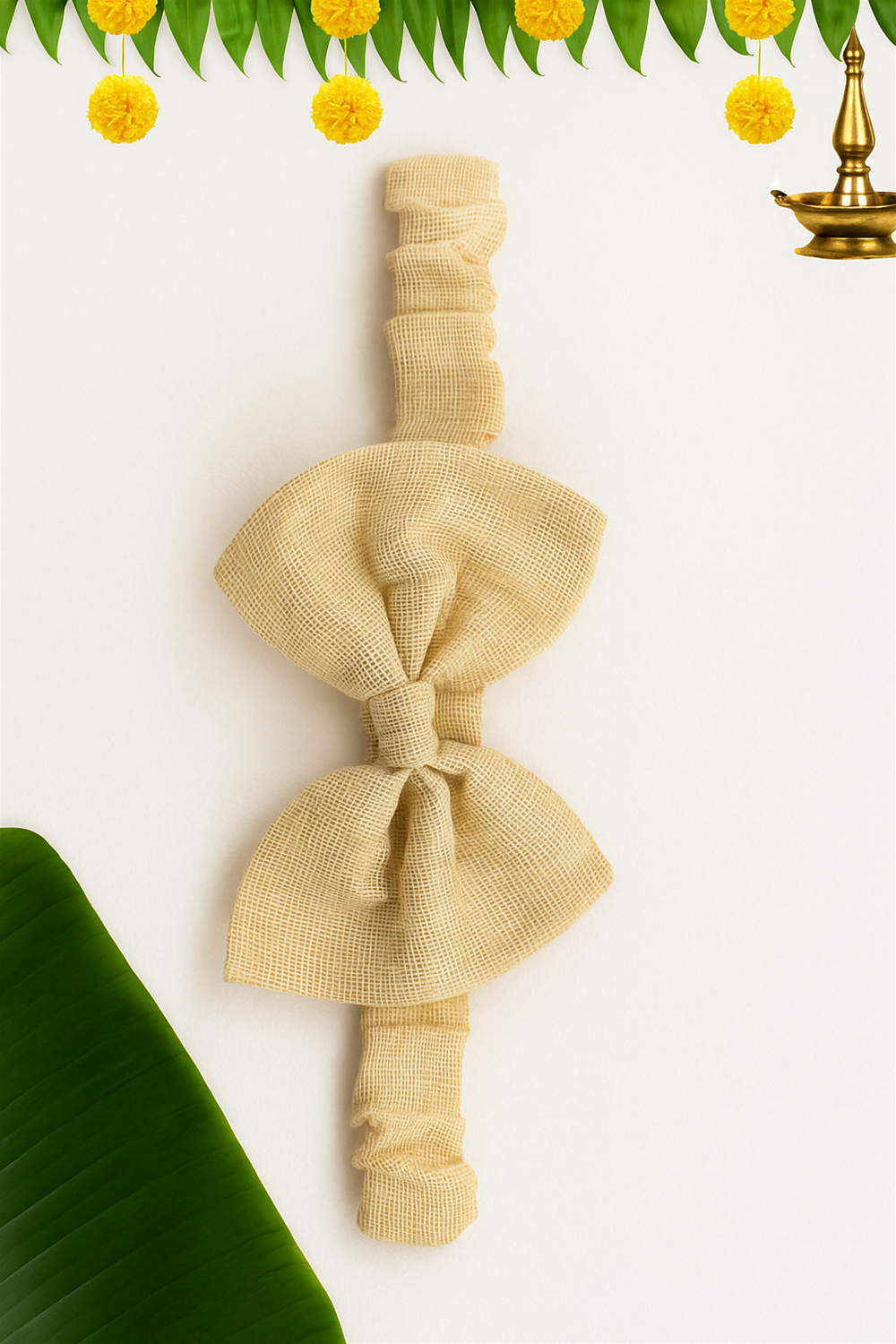 A cream-colored textured elastic hair band with a large bow is placed flat against a white background. The festive border of banana leaves, yellow marigolds, and a traditional brass lamp adds a celebratory Onam touch.